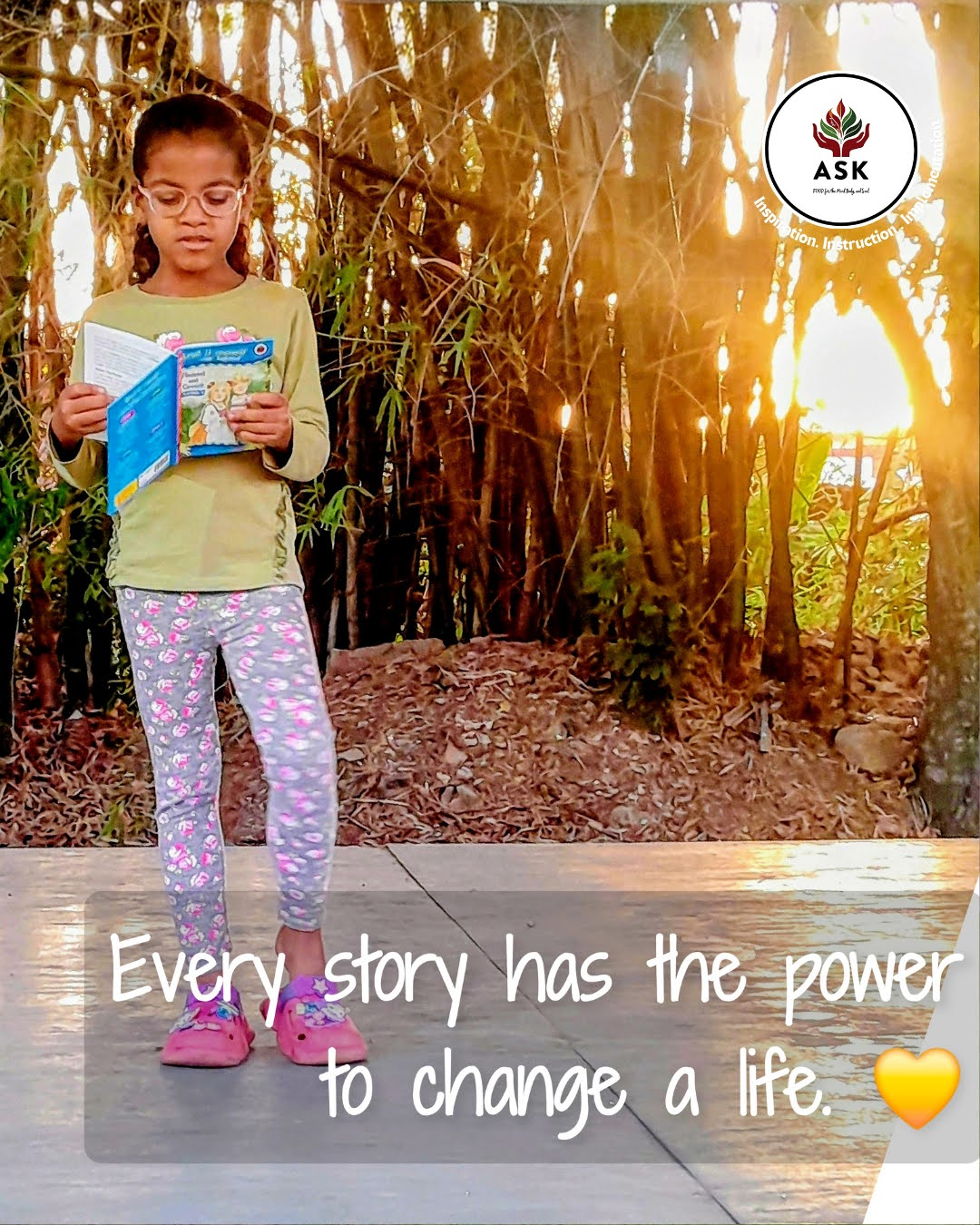 A young reader stands outdoors with a storybook at sunset — every story has the power to change a life A young reader stands outdoors with a storybook at sunset — every story has the power to change a life