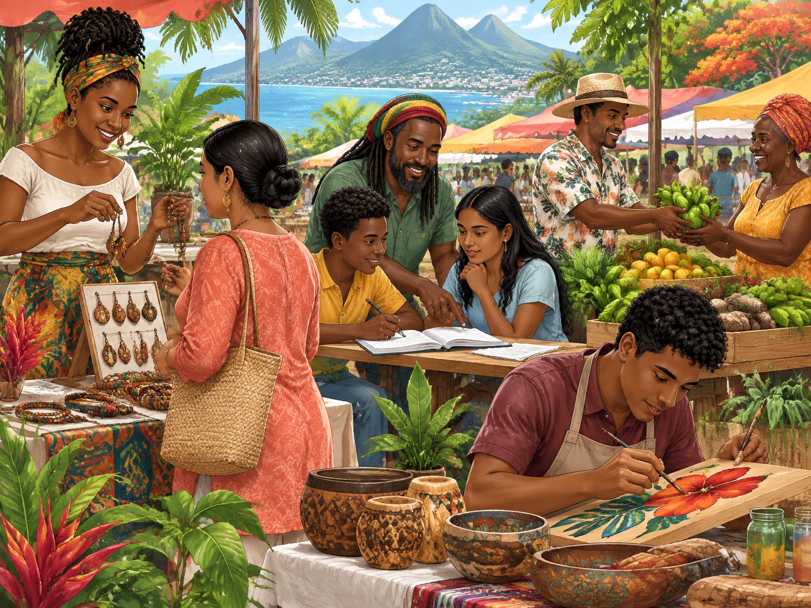 Black and Indian community members sharing ideas, learning, and building businesses together at a lively market